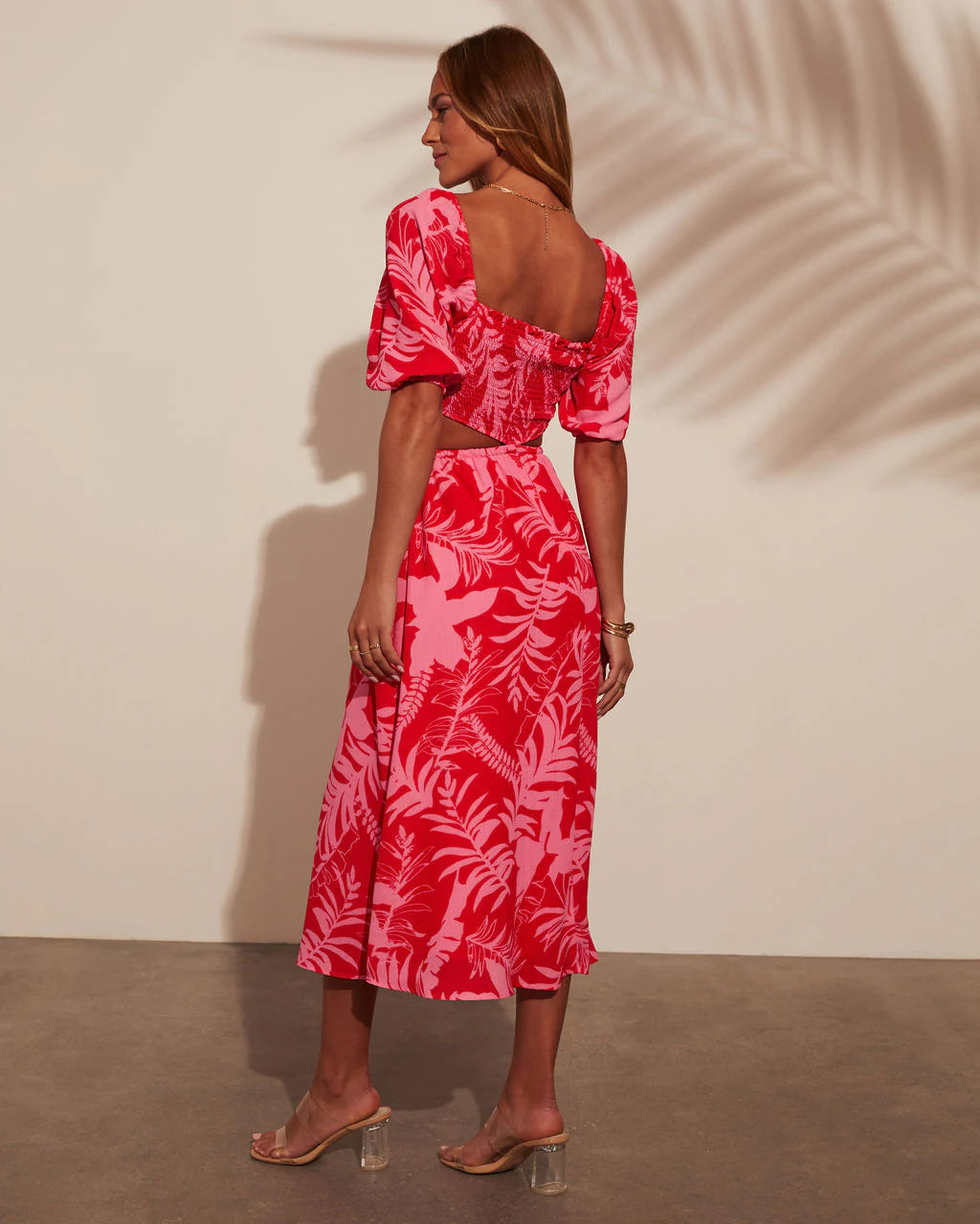 Kalena Tropical Print Cutout Smocked Midi Dress