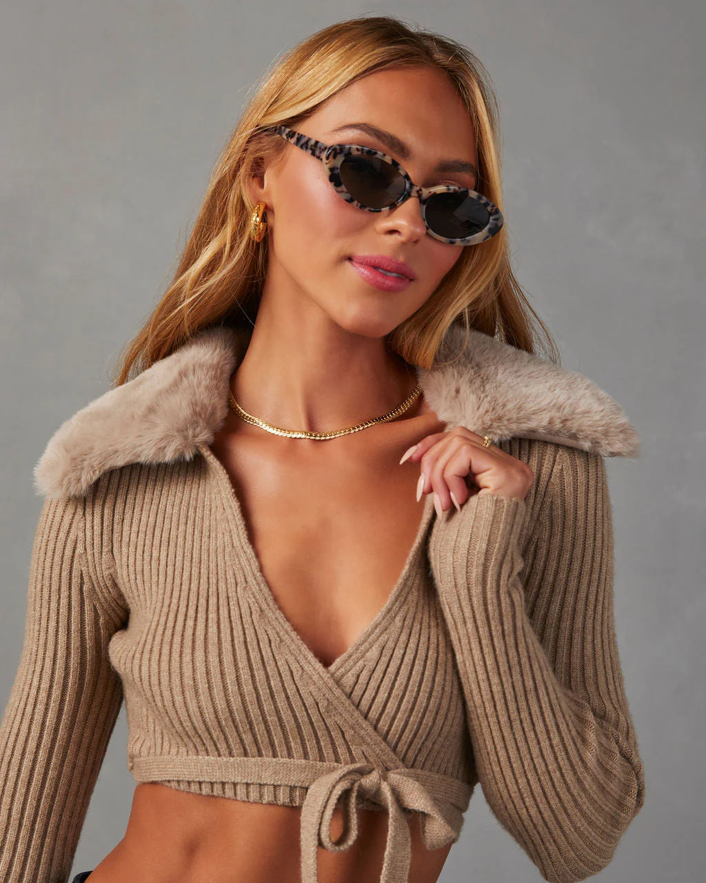 Rich Girl Faux Fur Trim Cropped Sweater