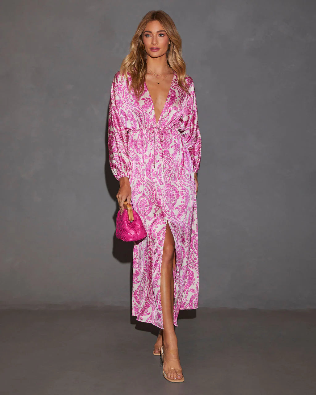 Korina Satin Printed Kimono Empire Waist Maxi Dress