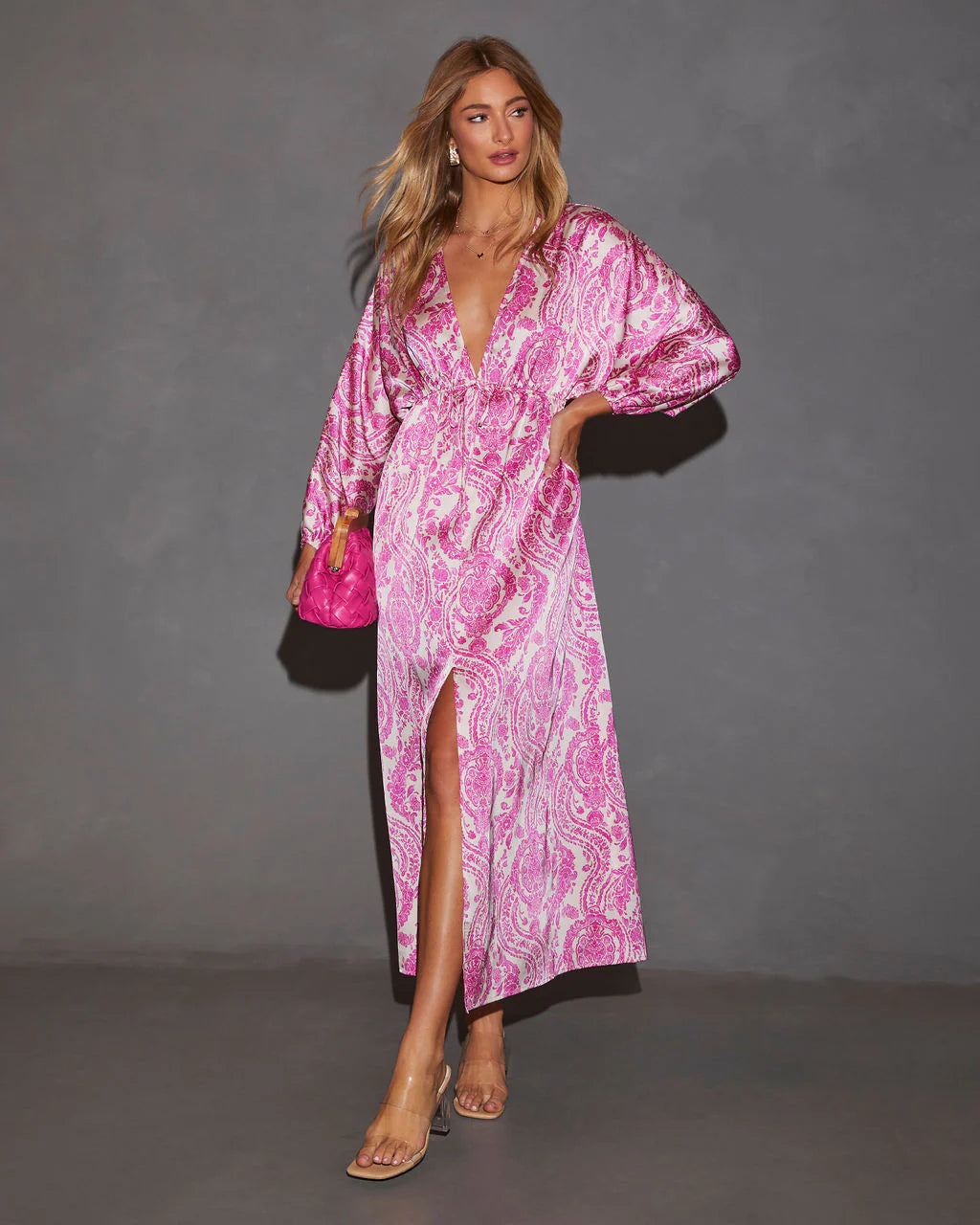 Korina Satin Printed Kimono Empire Waist Maxi Dress