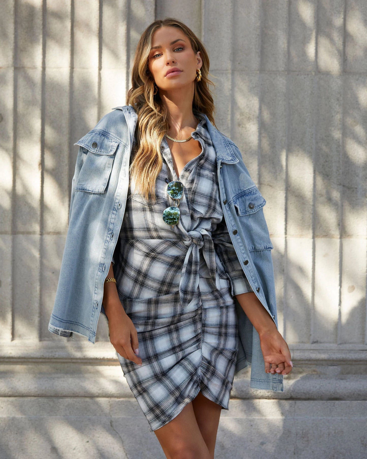 Archie Cotton Ruched Plaid Shirt Dress