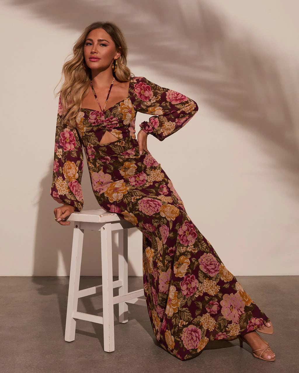 Fresh Harvest Floral Chiffon Cutout Maxi Dress