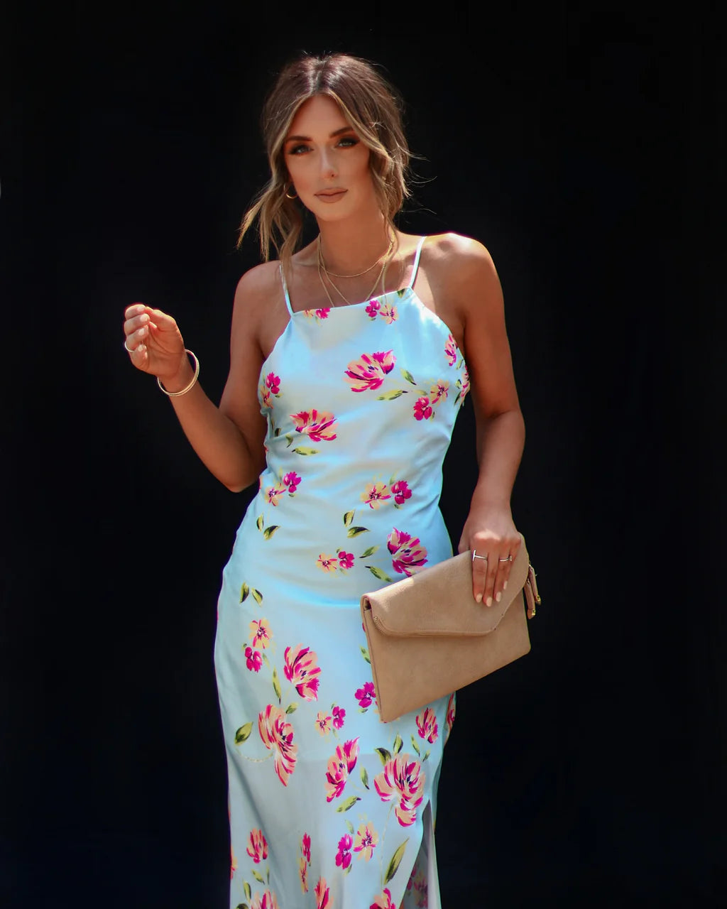 Monae Floral Asymmetrical Neck Midi Dress