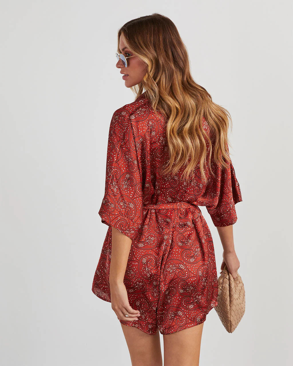 Rosado Satin Tie Waist Paisley Romper