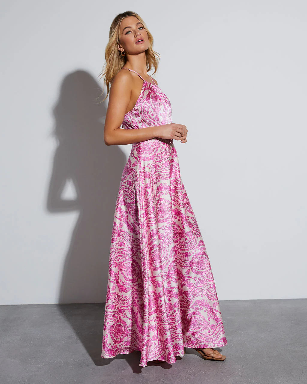 Maxine Satin Paisley Halter Maxi Dress