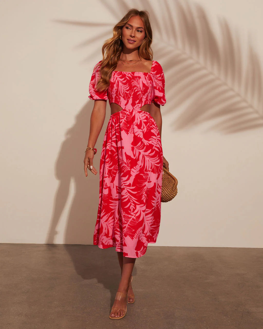 Kalena Tropical Print Cutout Smocked Midi Dress