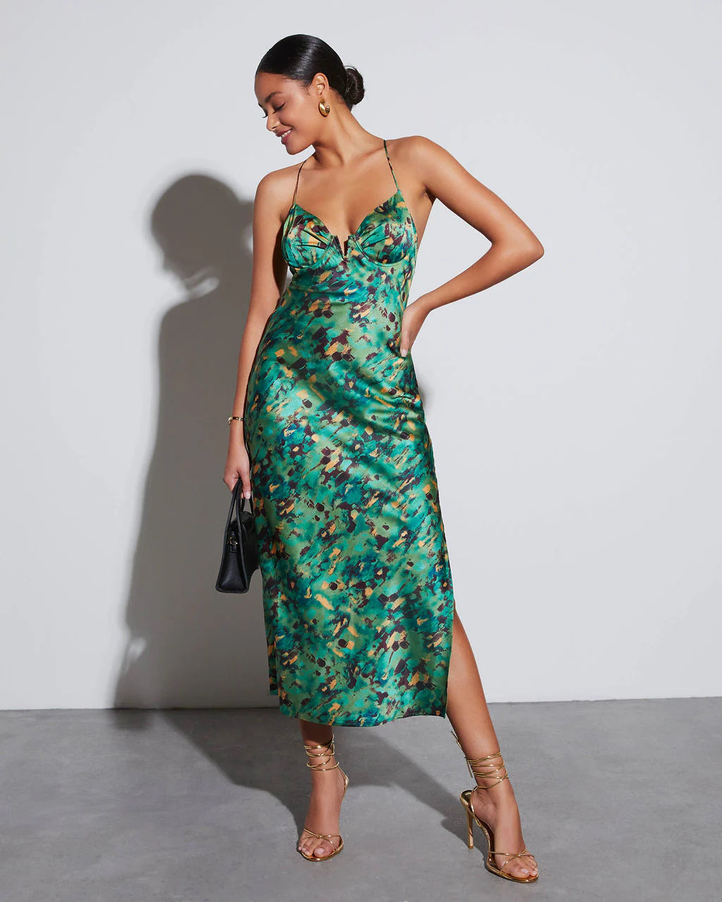 Aiko Printed Satin Slip Midi Dress