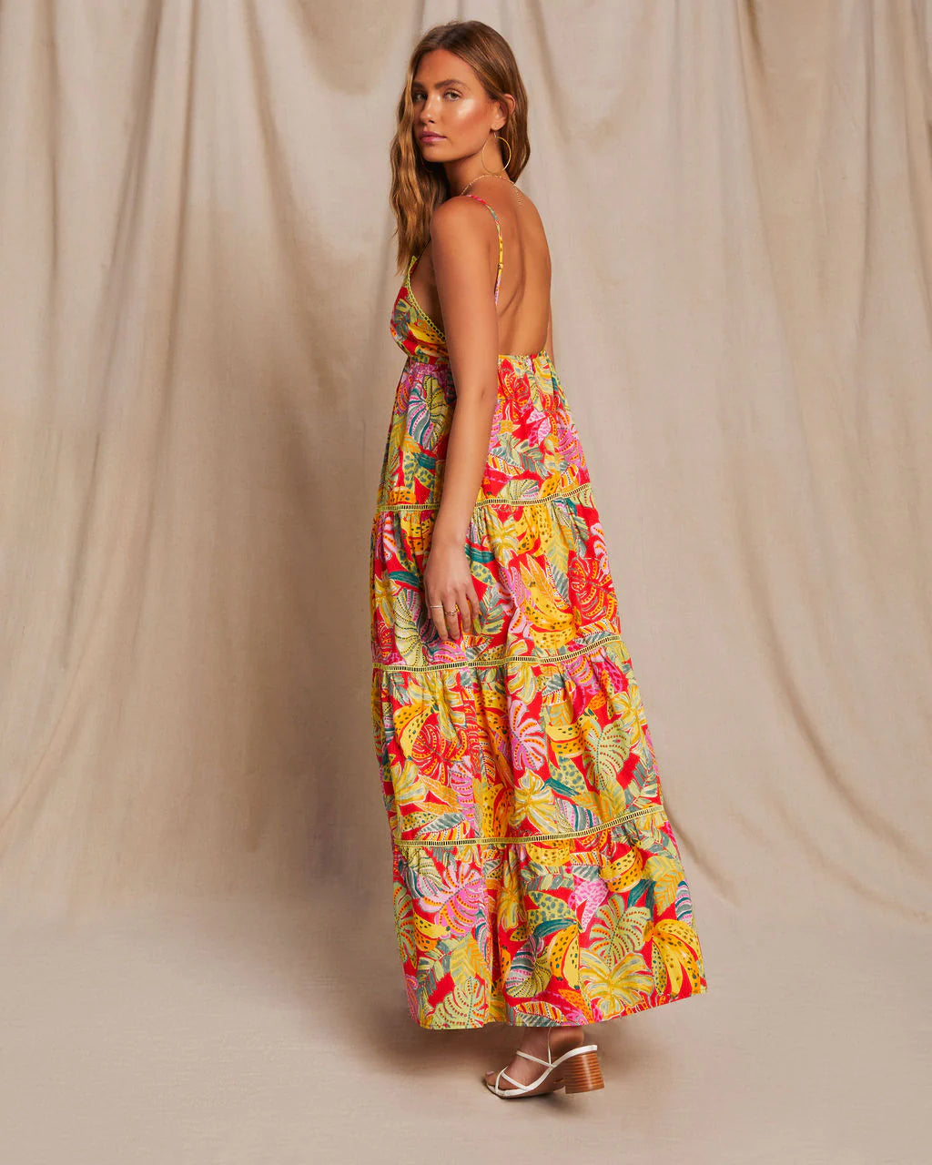 Fiji Tropical Tiered Lattice Trim Maxi Dress