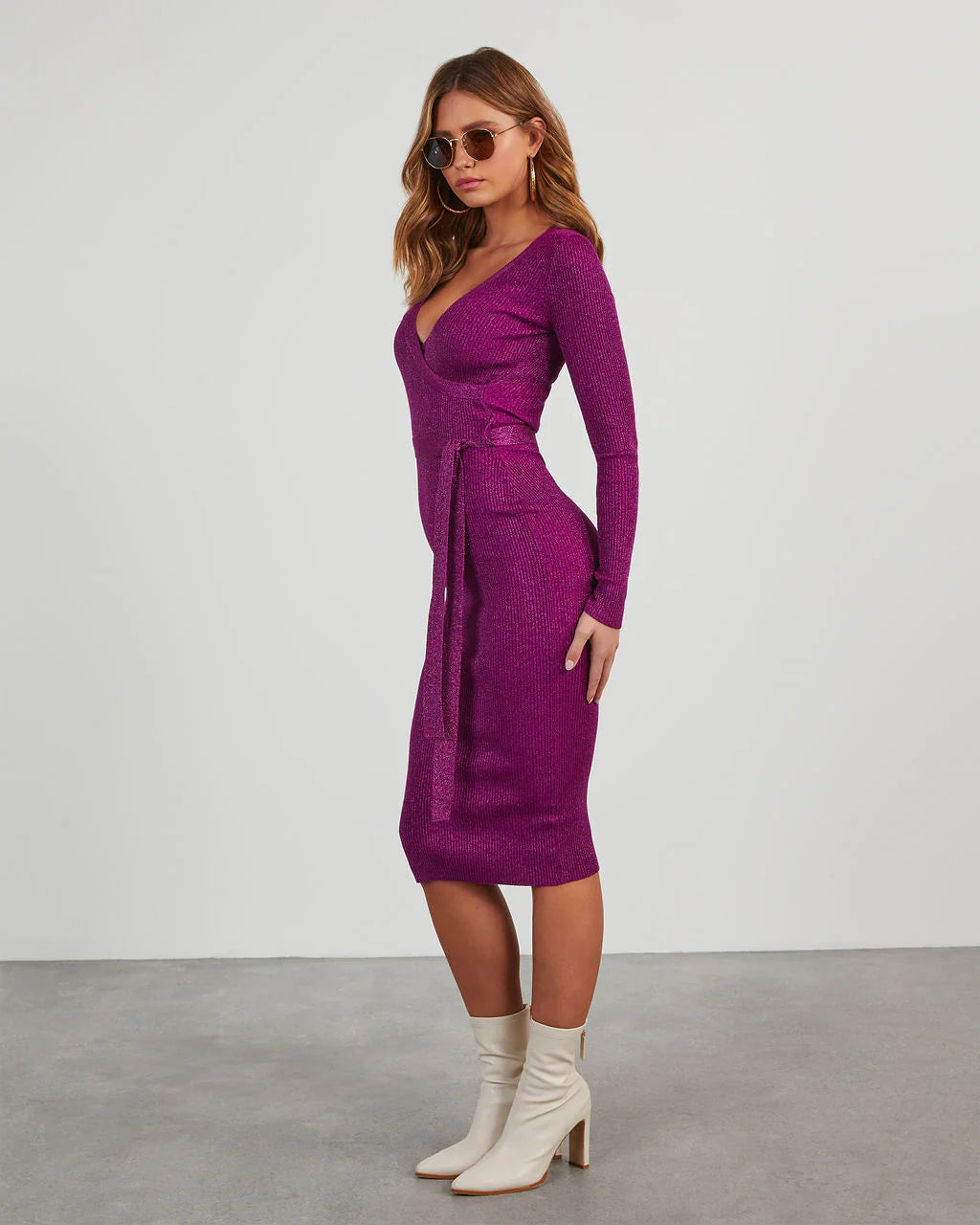 Florence Metallic Knit Tie Waist Midi Dress