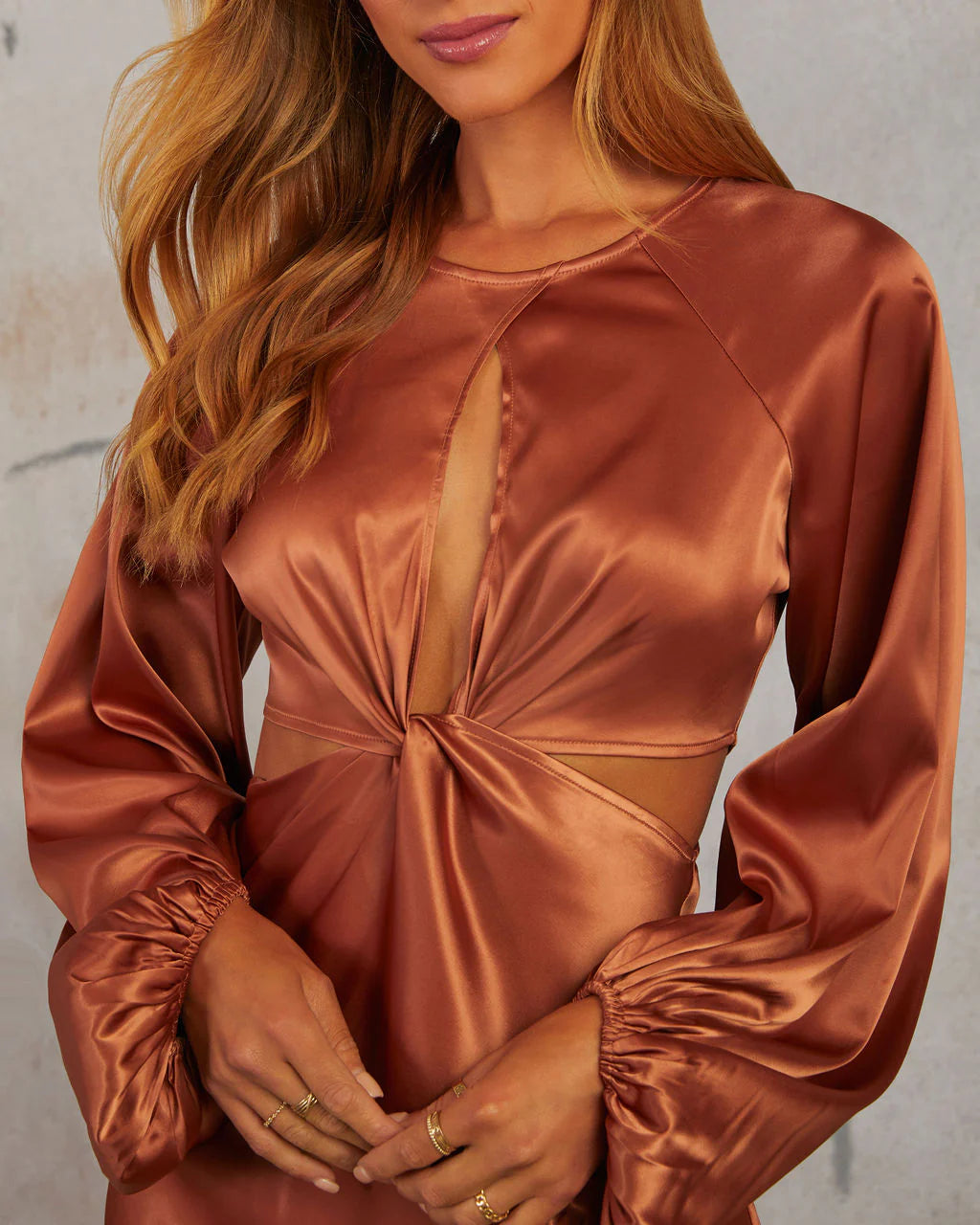 Rustic Feel Balloon Sleeve Satin Mini Dress