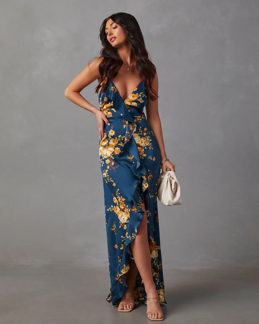 Capriccio Satin Floral Ruffle Maxi Dress