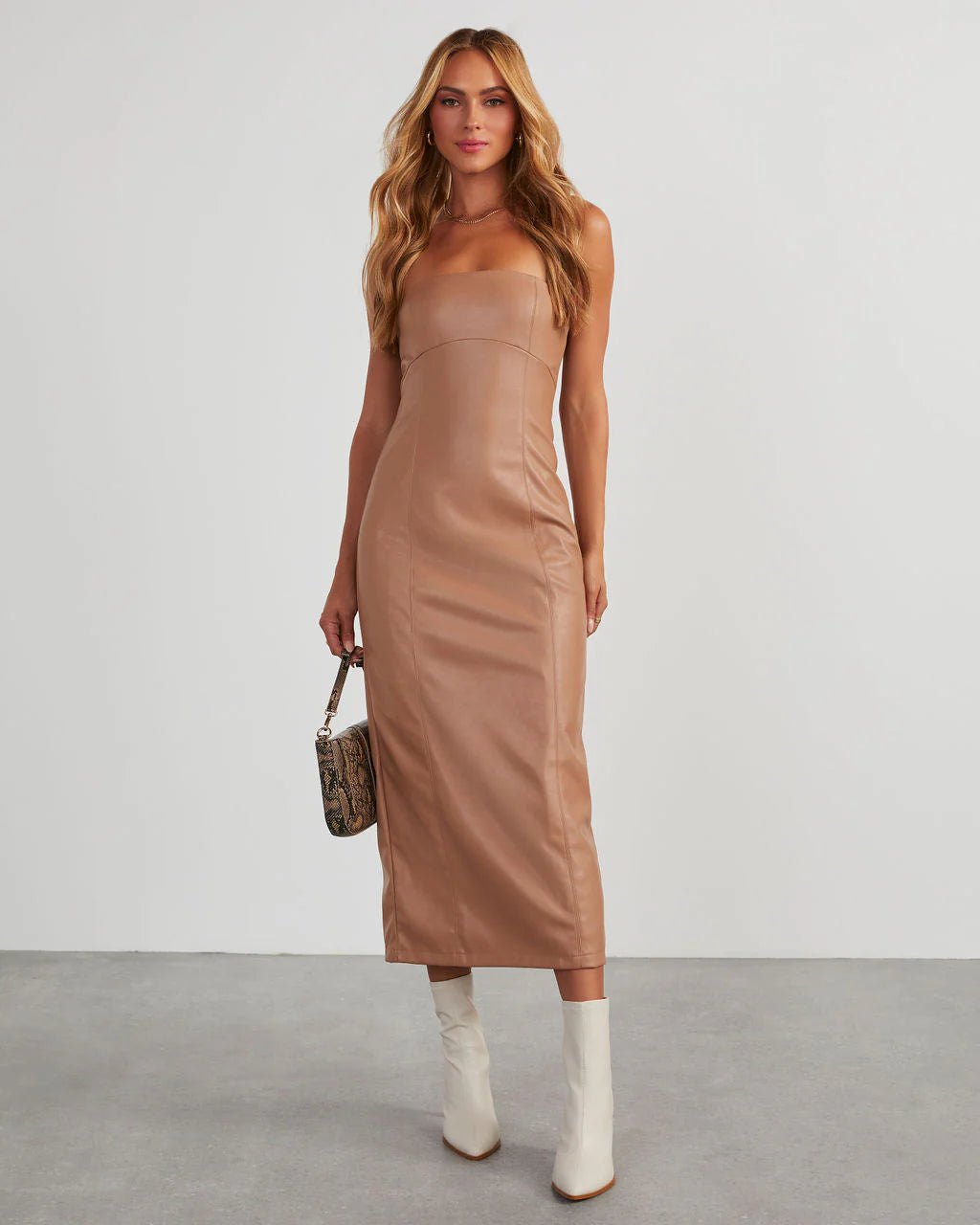 Reeva Strapless Faux Leather Midi Dress