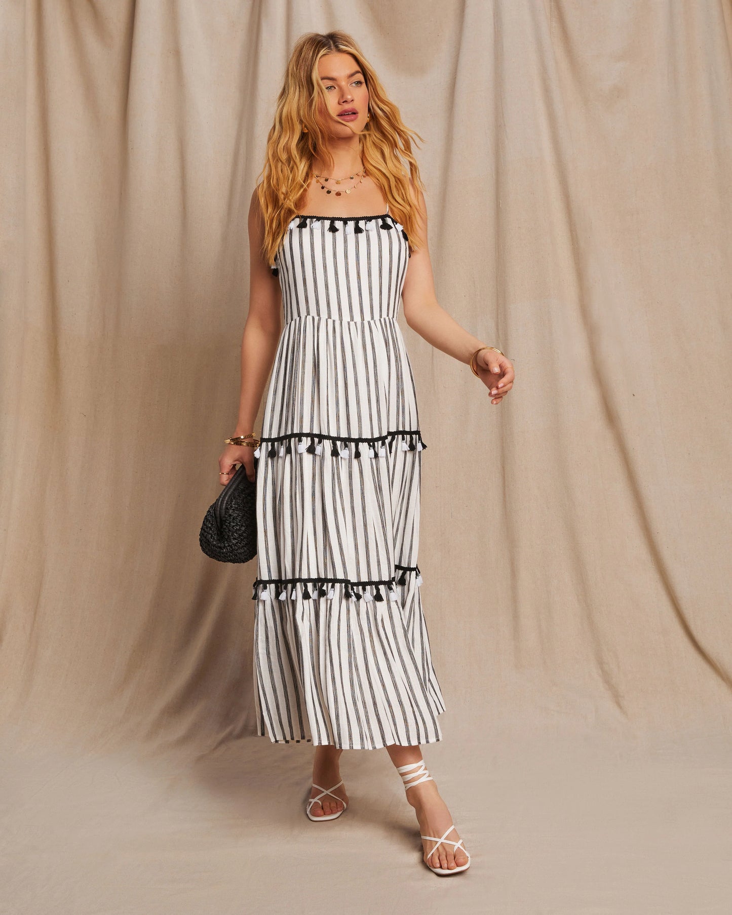 Paislee Tassel Striped Tiered Midi Dress