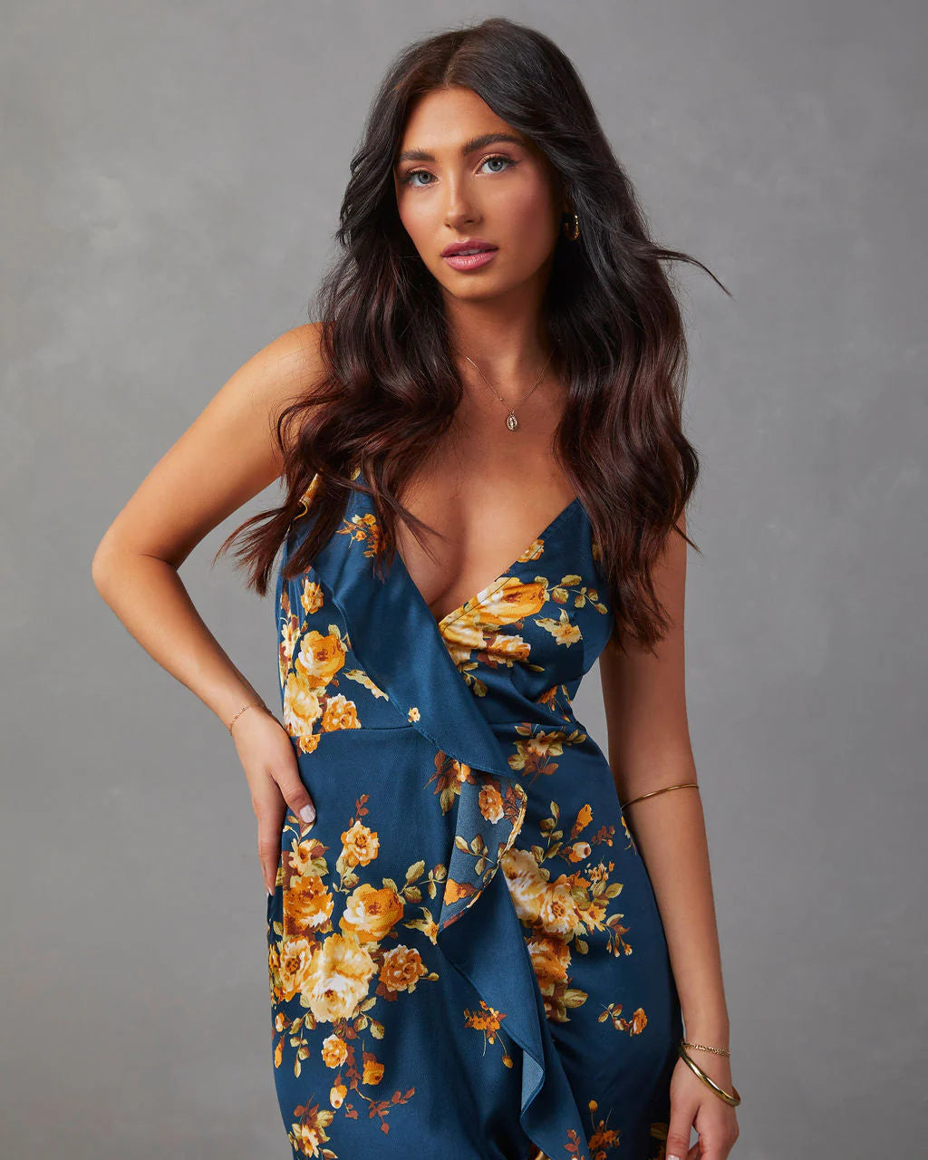 Capriccio Satin Floral Ruffle Maxi Dress