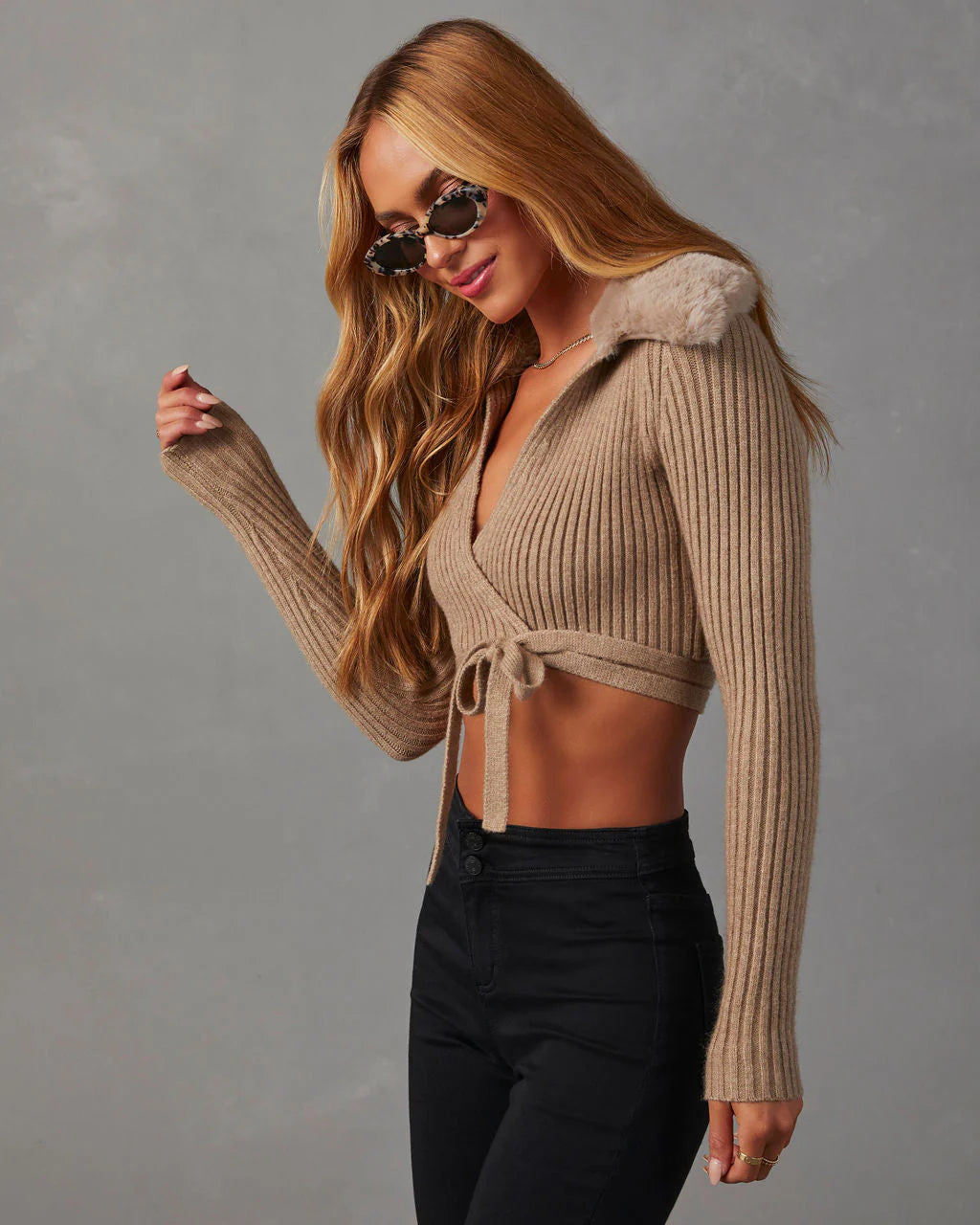 Rich Girl Faux Fur Trim Cropped Sweater