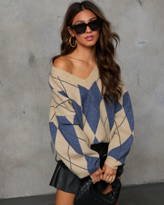 Remma Argyle Print V Neck Sweater