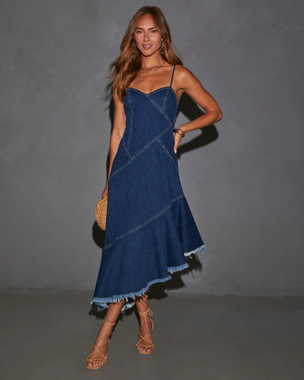 Perry Asymmetrical Raw Hem Denim Midi Dress