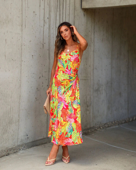 Eliana Cutout Tropical Slip Midi Dress