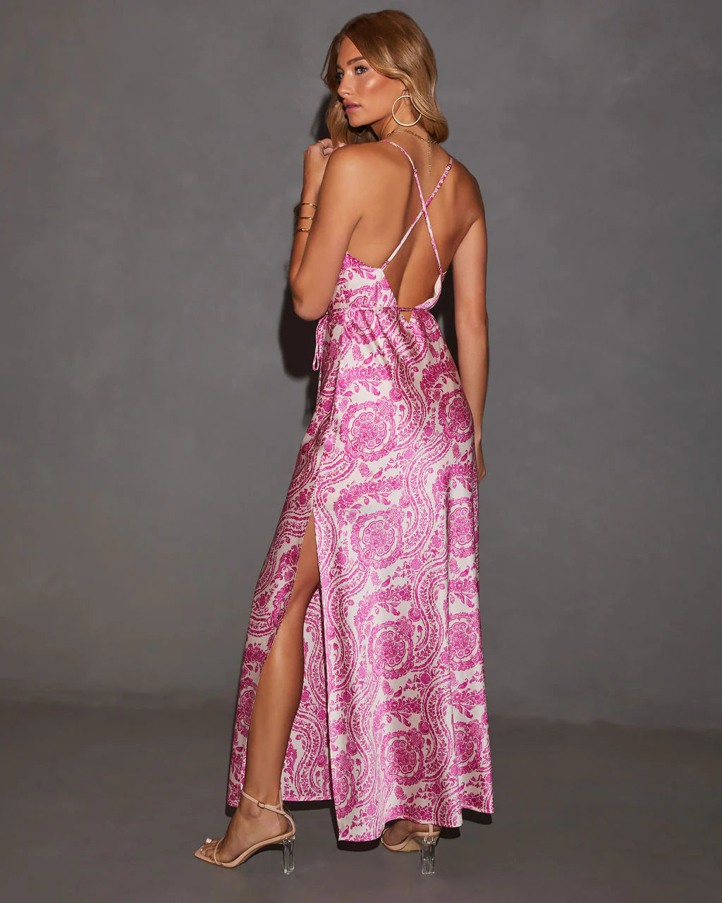 Estella Cowl Neck Tie Waist Printed Maxi Dress