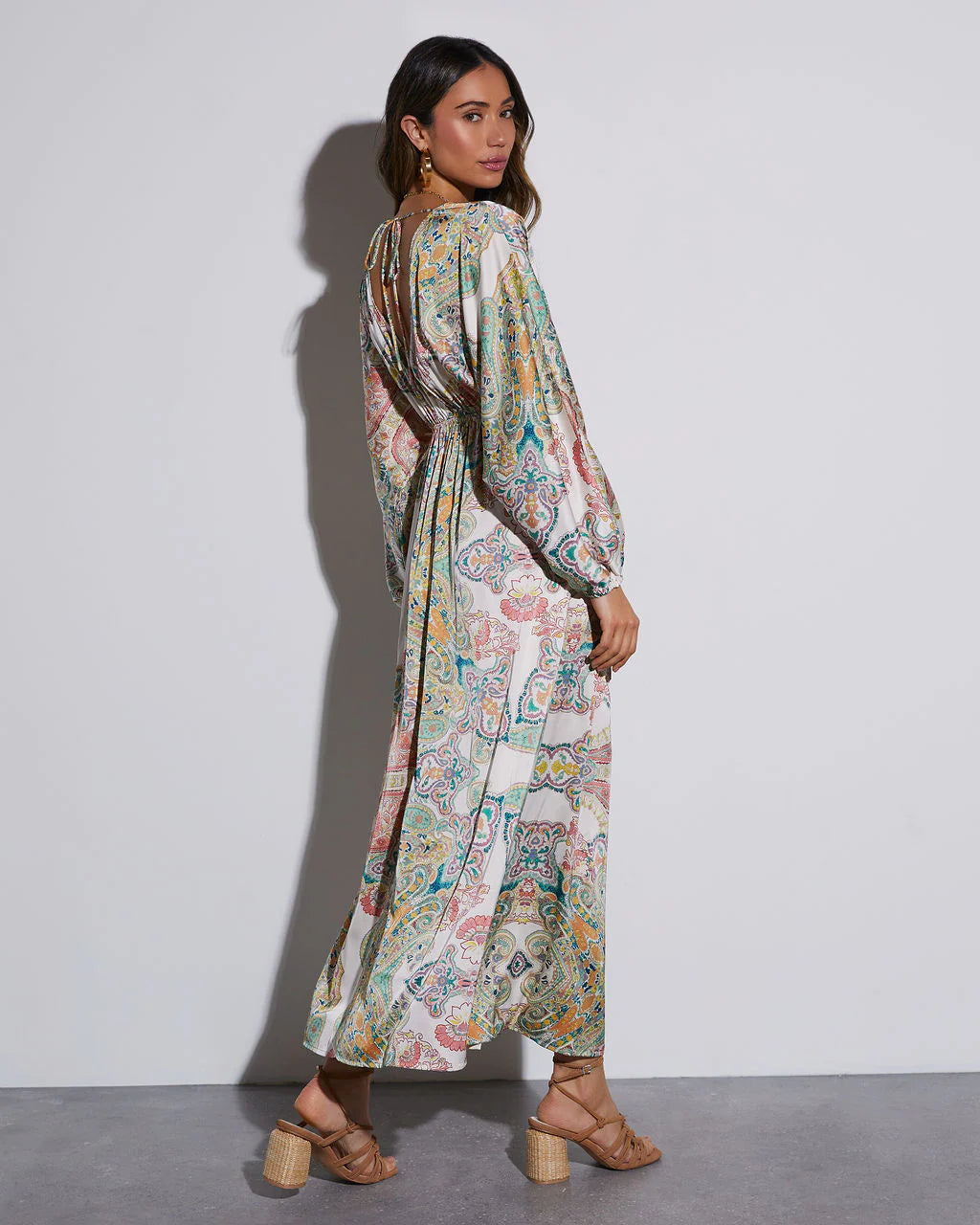 Korina Satin Printed Kimono Empire Waist Maxi Dress