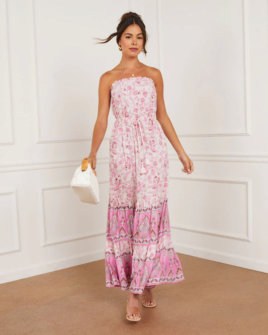 Fia Strapless Border Print Tie Waist Maxi Dress