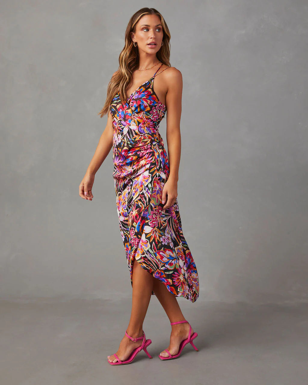 Date To Remember Satin Printed Wrap Midi Dress