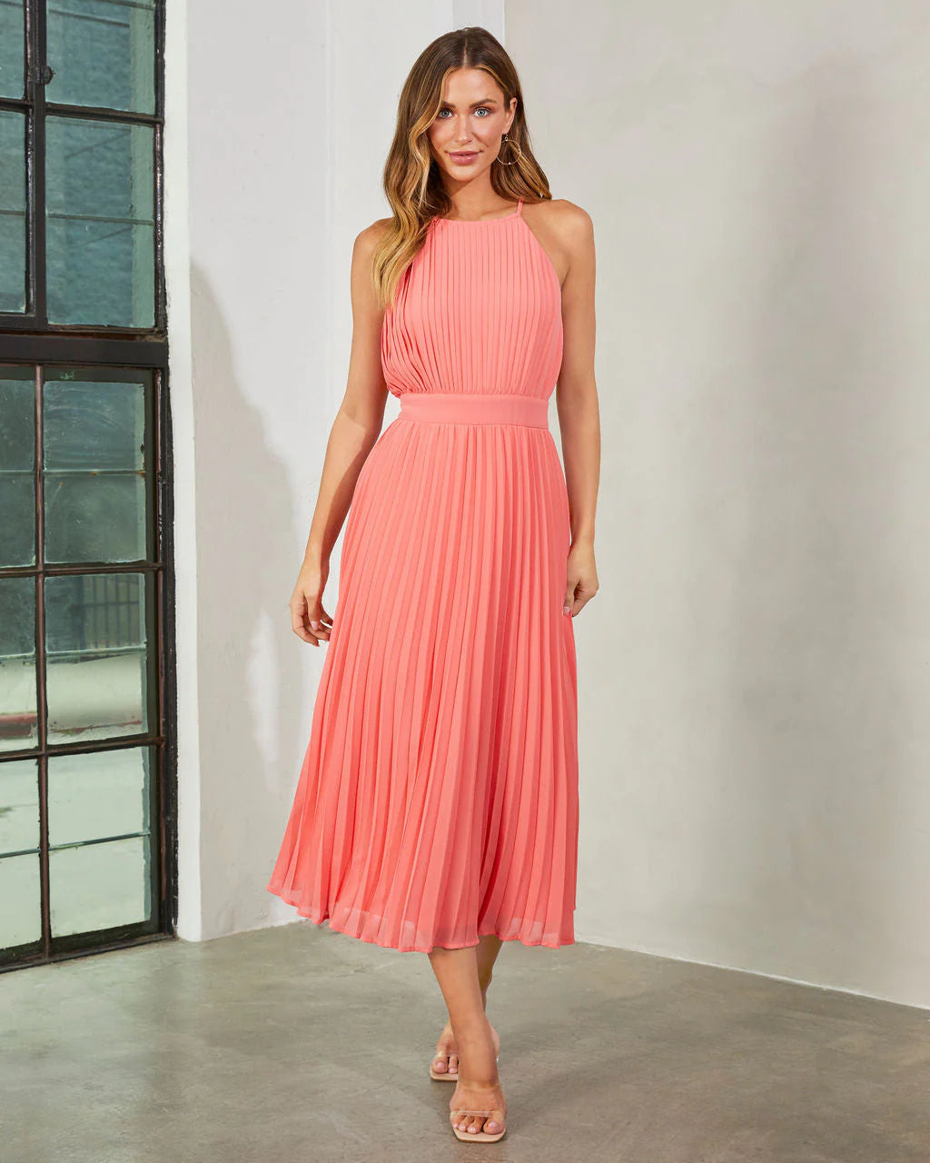 Liamara Pleated Halter Midi Dress