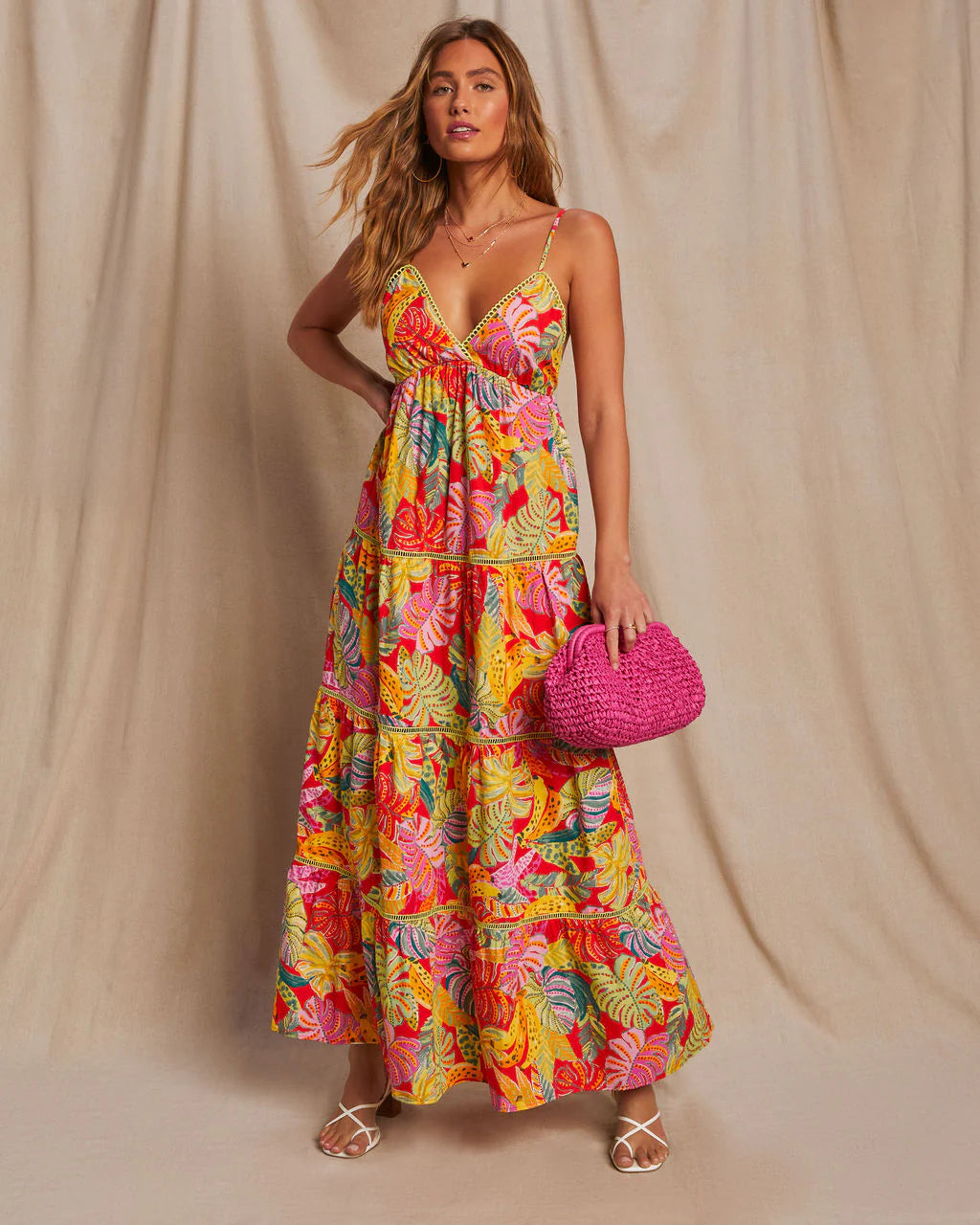 Fiji Tropical Tiered Lattice Trim Maxi Dress