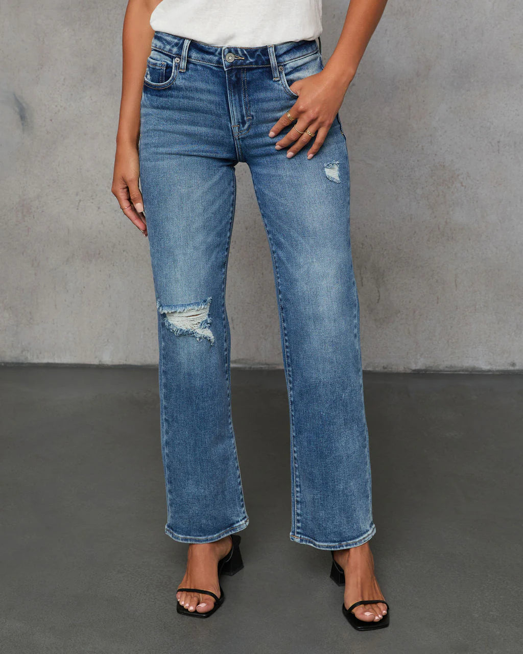 Ayda Distressed Mid Rise Straight Leg Jeans