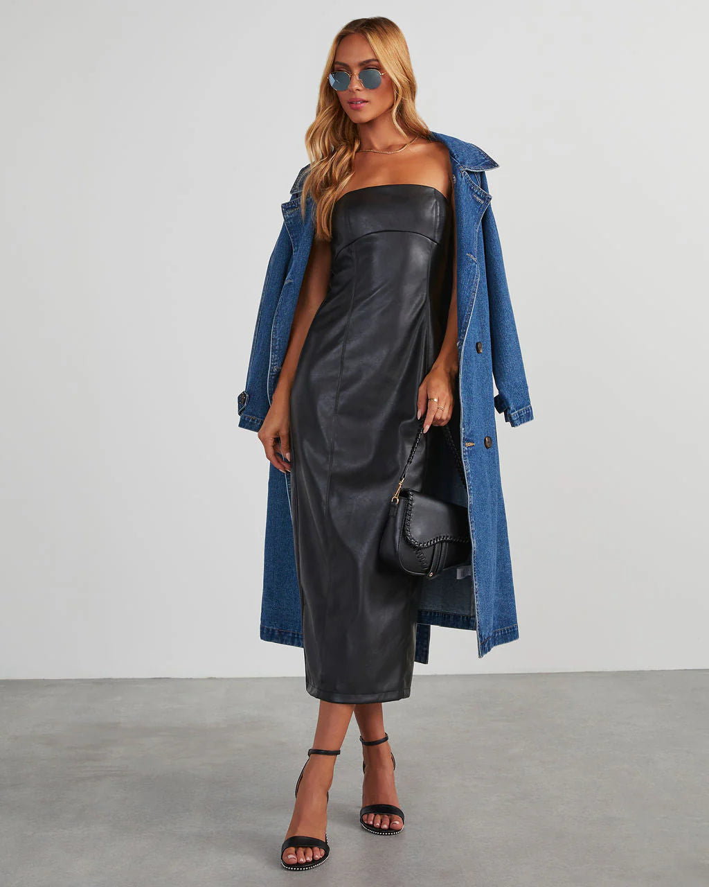 Reeva Strapless Faux Leather Midi Dress