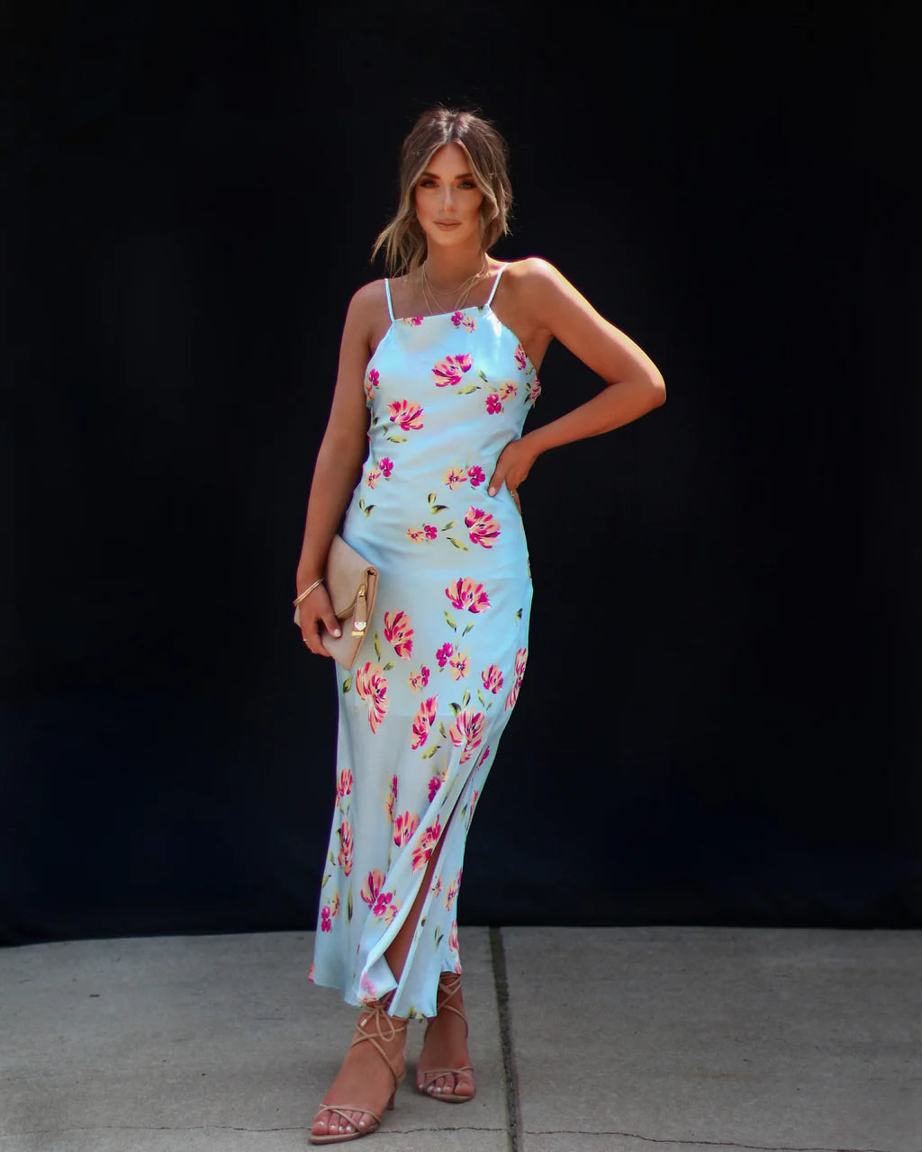 Monae Floral Asymmetrical Neck Midi Dress