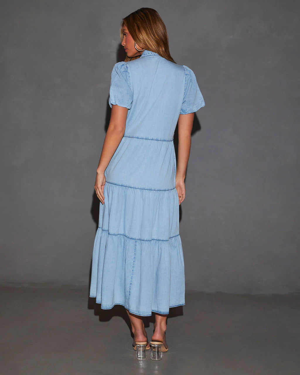 Laurie Puff Sleeve Tiered Button Up Dress