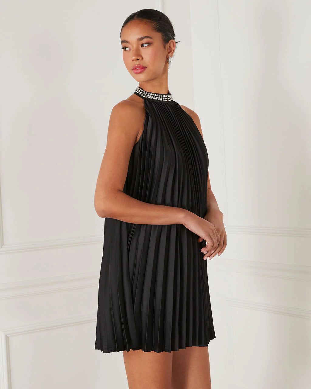 Birdie Pleated Embellished Halter Dress